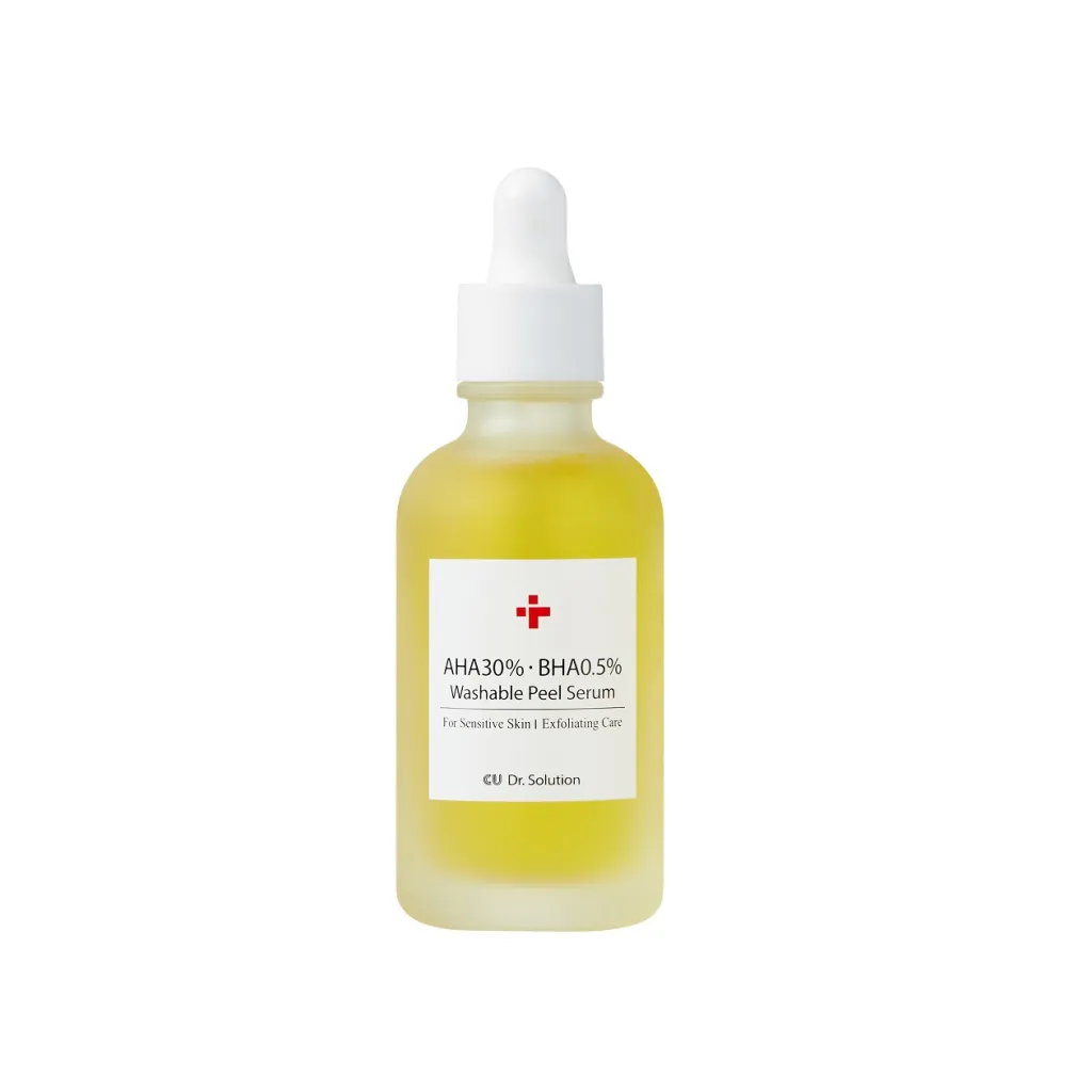 CU-DR.-SOLUTION-AHA30-BHA0.5-WASHABLE-PEEL-SERUM.jpg Пілінг-сироватка з AHA 30% та BHA 0,5% кислотами CU SKIN DR. SOLUTION AHA 30% BHA 0.5% WASHABLE PEEL SERUM 50мл - Зображення 1